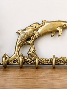 Vintage Solid Brass Dolphin Wall Key Holder | 5 Hooks - Nautical Decor